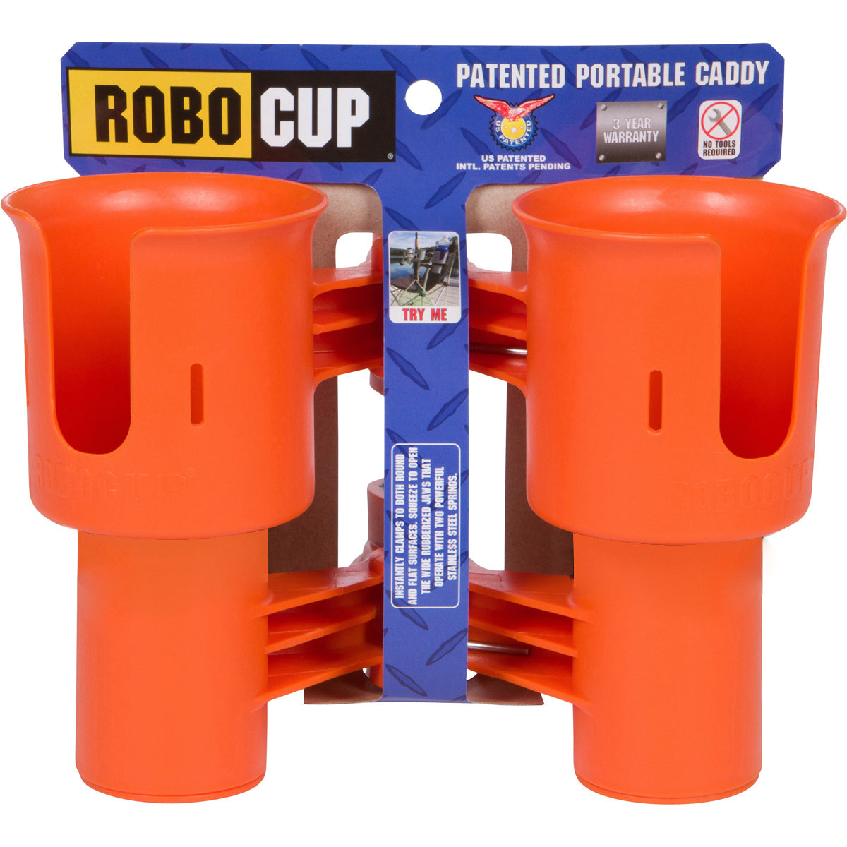 RoboCup ORANGE Patented Clamp on Caddy Dual Cup, Drink & Rod Holder -   -- ROBOCUP