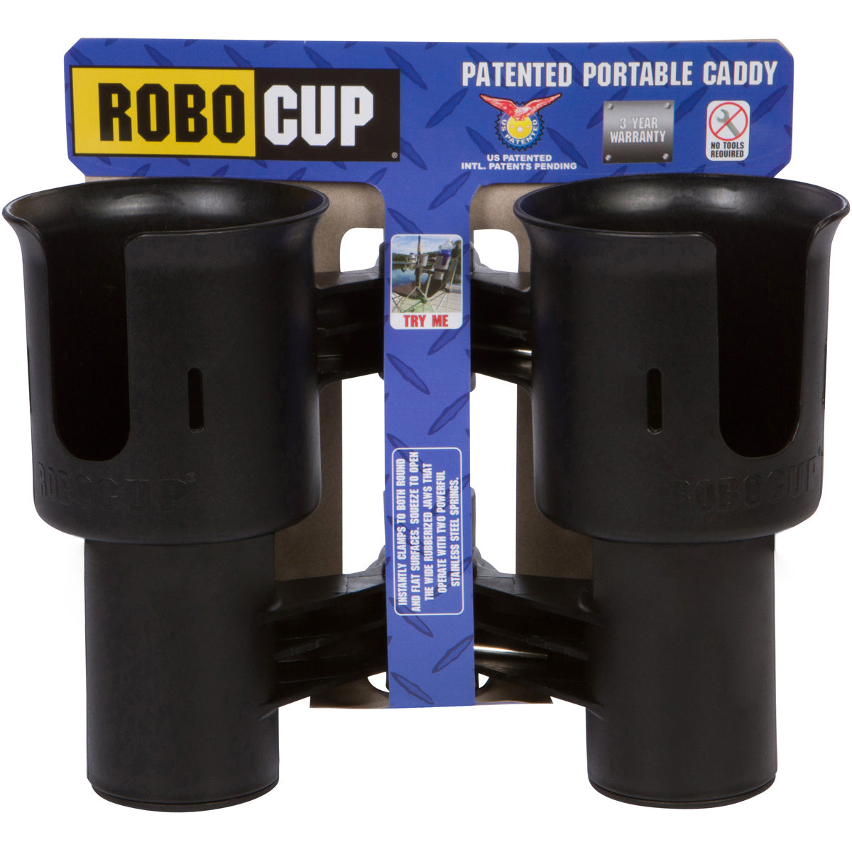 RoboCup BLACK Patented Clamp on Caddy Dual Cup, Drink & Rod Holder