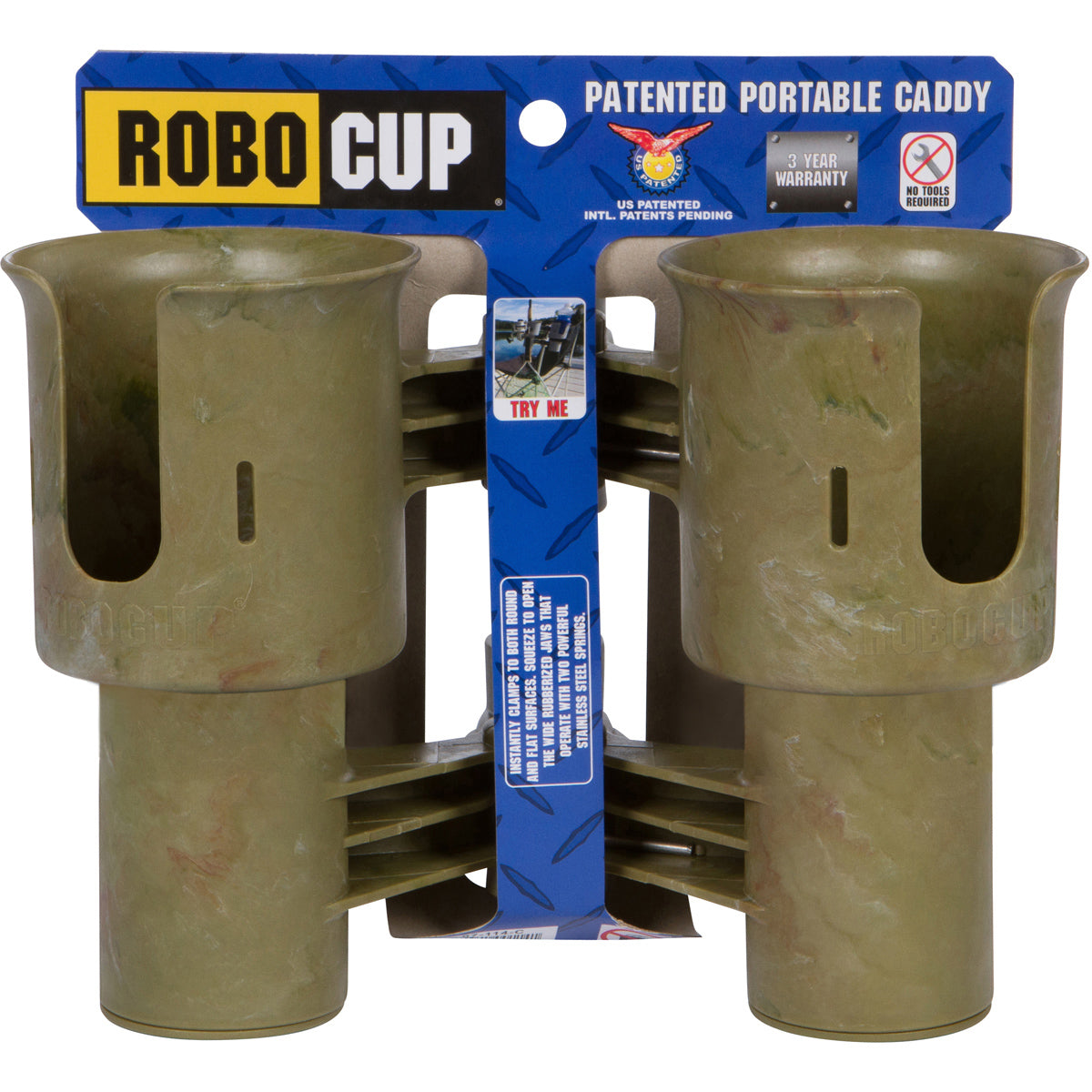 RoboCup CAMO Patented Clamp on Caddy Dual Cup, Drink & Rod Holder -   -- ROBOCUP