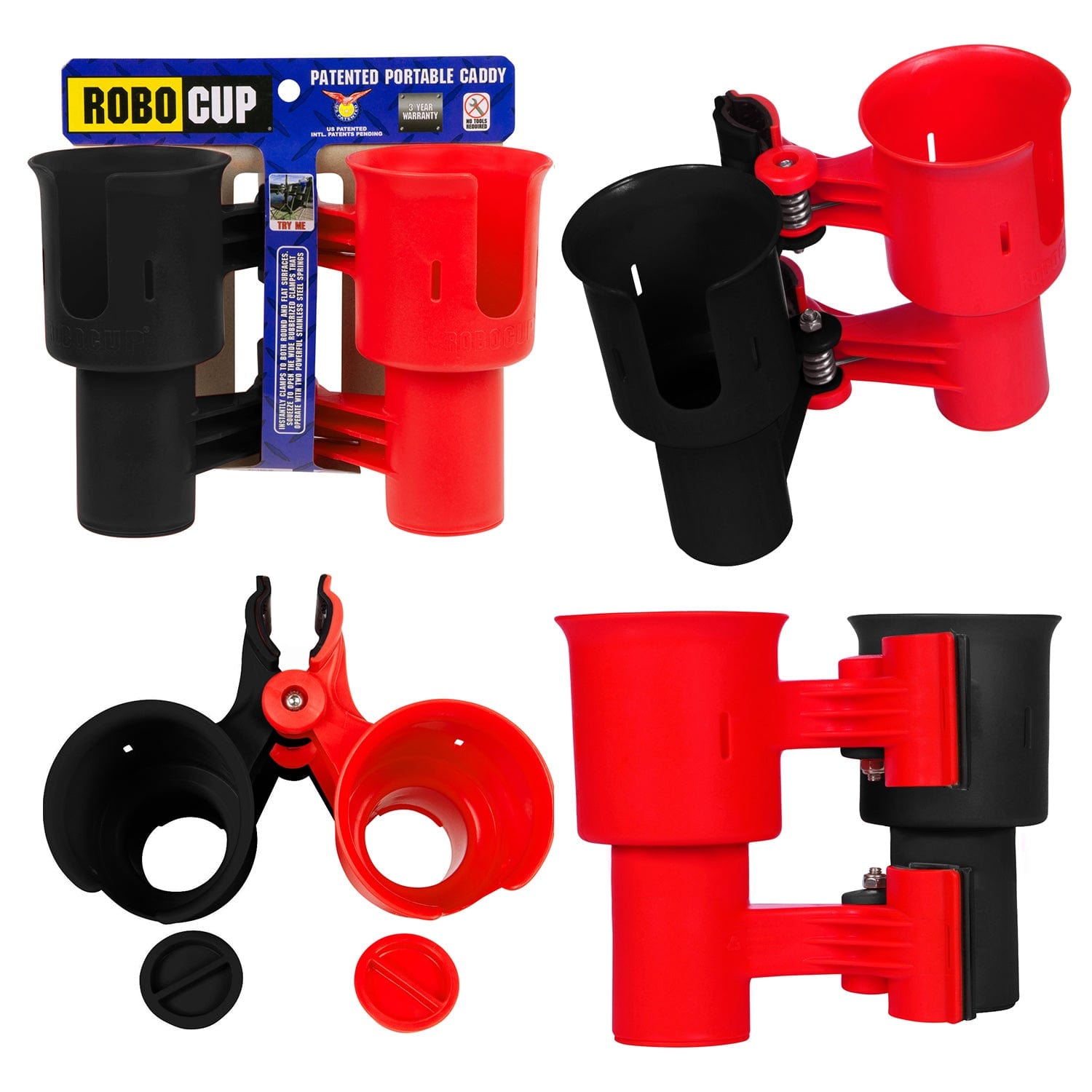 RoboCup RED & BLACK Patented Clamp on Dual Cup, Drink & Rod Holder -   -- ROBOCUP